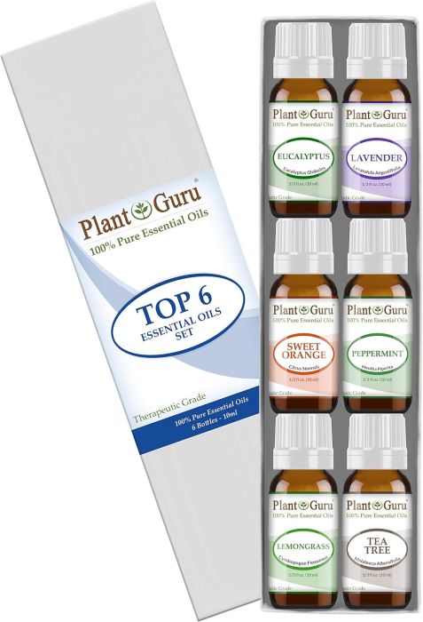 Plant Guru Essential Oil Set 6-Pack – Tea Tree, Lavender, Eucalyptus and More