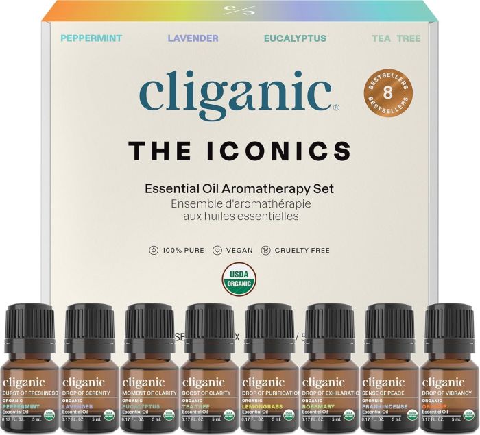 Cliganic Organic Aromatherapy Essential Oils Gift Set – Top 8 Iconic Oils